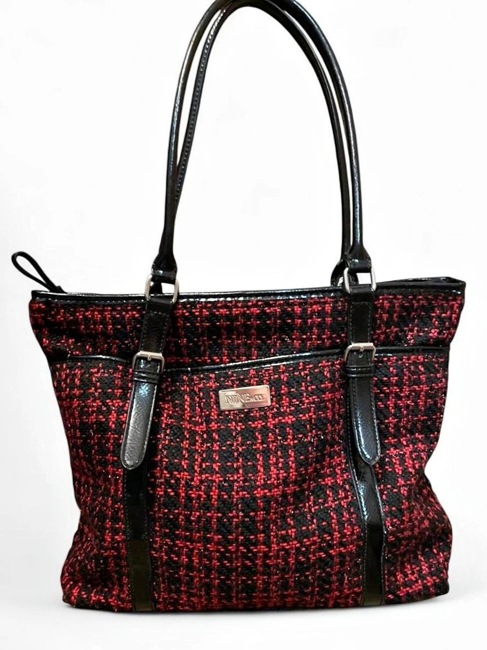 Nine & CO Tweed Tote in Black & Red plaid
